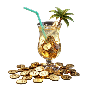Goldm&uuml;nzen sprudeln aus einem tropischen Cocktailglas - OnlySpins Fiat-Willkommensbonus