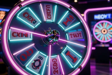 Buntes neon-beleuchtetes Gl&uuml;cksrad einer Live-Game-Show - Crazy Time live casino online bei OnlySpins