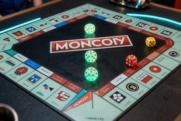Live-Game-Show-Brett mit leuchtenden W&uuml;rfeln und bunten Feldern - Monopoly Live live casino online bei OnlySpins