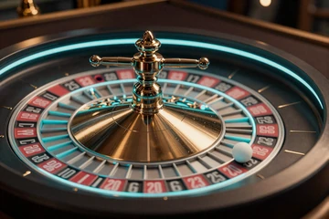 Drehendes Live-Roulette-Rad mit t&uuml;rkisem Neon-Schein und Kugel - roulette spiel im live casino online bei OnlySpins