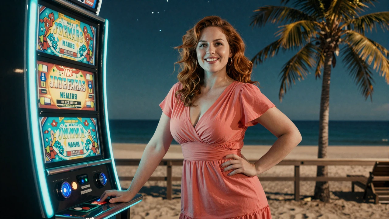 Selbstbewusste Frau im Resort-Kleid an einem leuchtenden Slot-Automaten auf einer Strandterrasse bei Nacht - OnlySpins Spiele