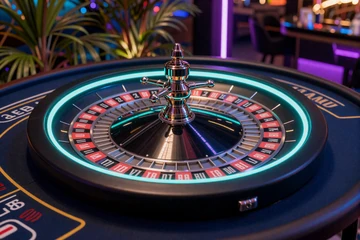Live-Roulette-Rad mit neon-t&uuml;rkisem Rand auf dunklem Casino-Tisch - Live Casino bei OnlySpins