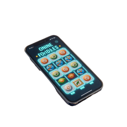 Smartphone mit leuchtendem online slot auf einem Strandtuch bei Sonnenuntergang - mobil-first spielen bei OnlySpins