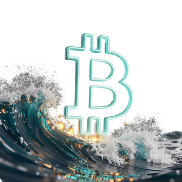 Neon-Bitcoin-Symbol auf einer t&uuml;rkisen Welle - OnlySpins Krypto-Willkommensbonus